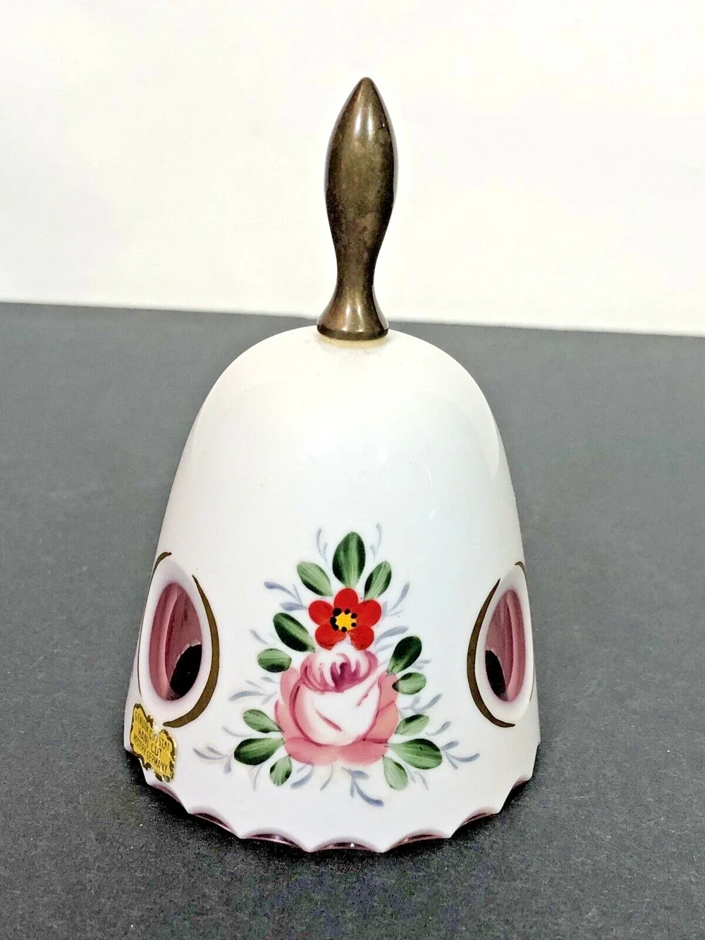 Hand Bell China with Brass Handle Pink Inside Cutouts Hand Painted Floral Design